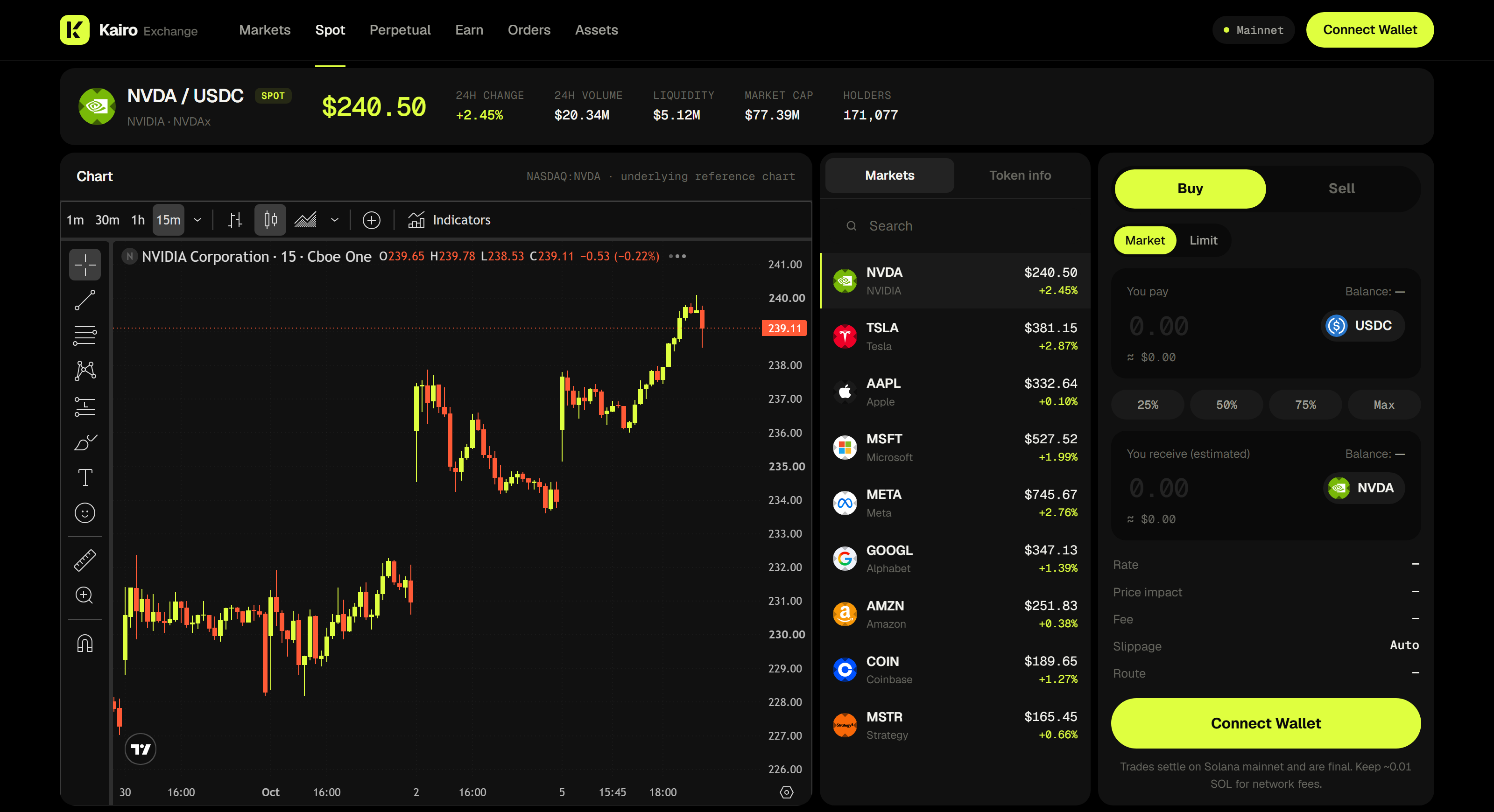 Kairo Exchange Spot screen: NVDA/USDC chart, market list and buy panel